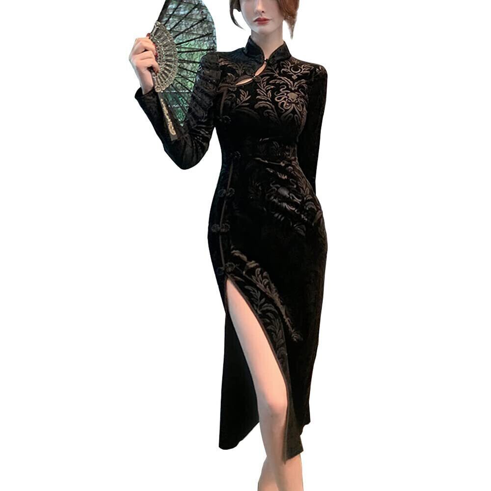 1957 Cheongsam Costume Long Sleeve Vintage Floral High Side Slit Slim Fit